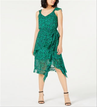 INC International Concepts Women's Animal Print Ruffled Dress Emerald Leopard Print Green Size 18