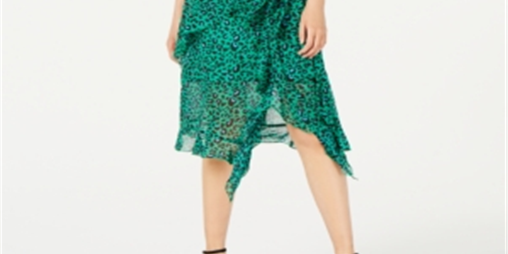 INC International Concepts Women's Animal Print Ruffled Dress Emerald Leopard Print Green Size 18