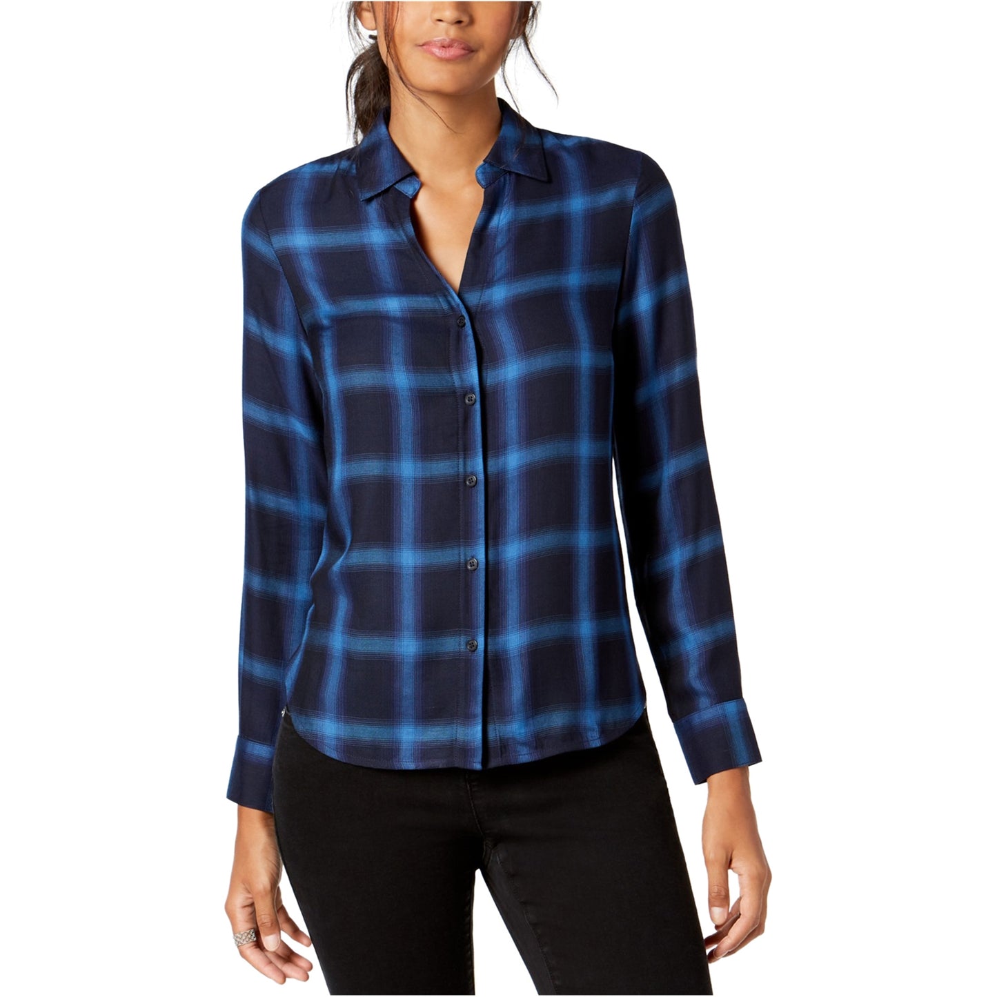 INC International Concepts Women's Plaid Button up Shirt Blue Size -M