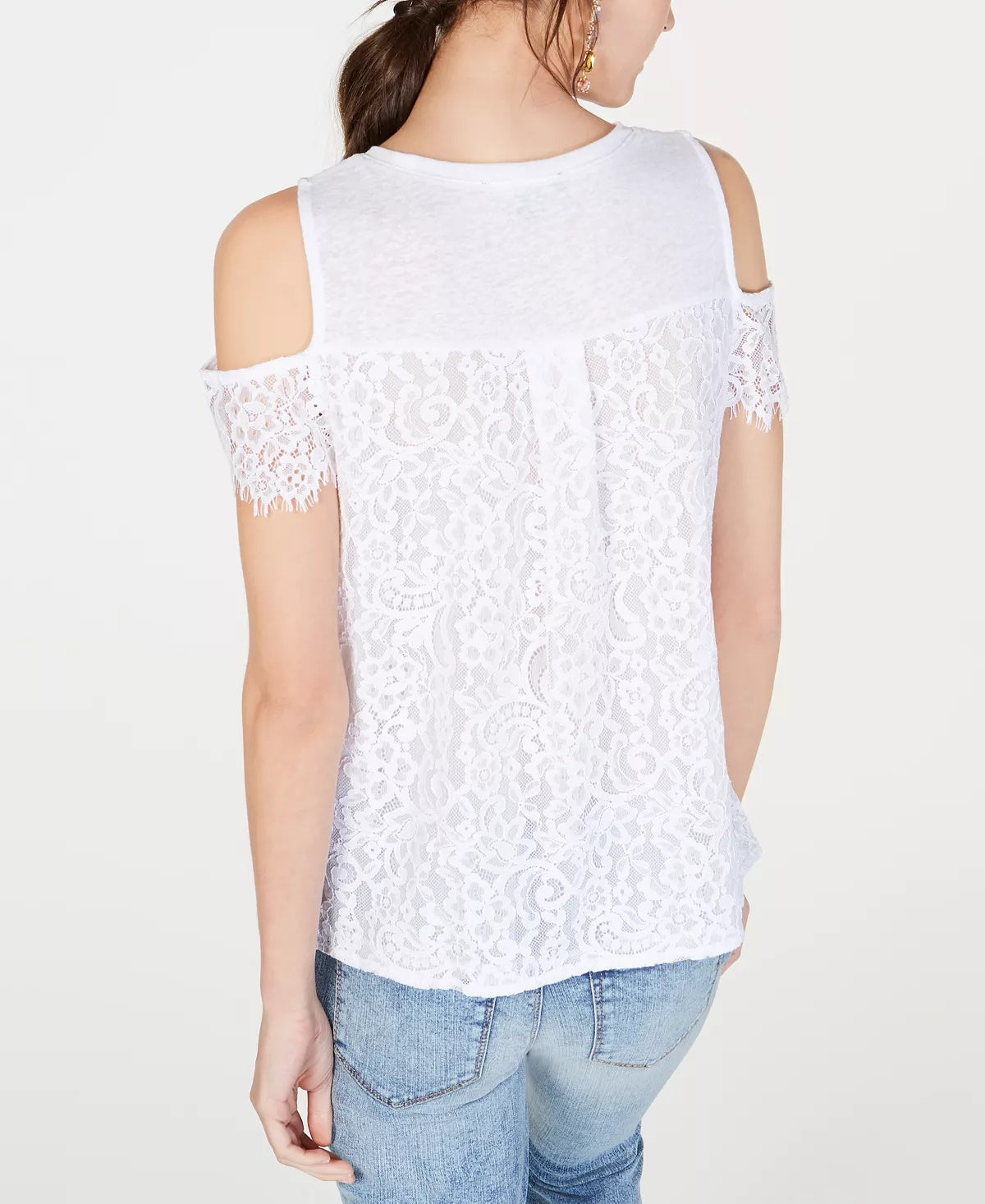 INC International Concepts Women's Lace Linen-Blend Cold-Shoulder Top White Size X-Small