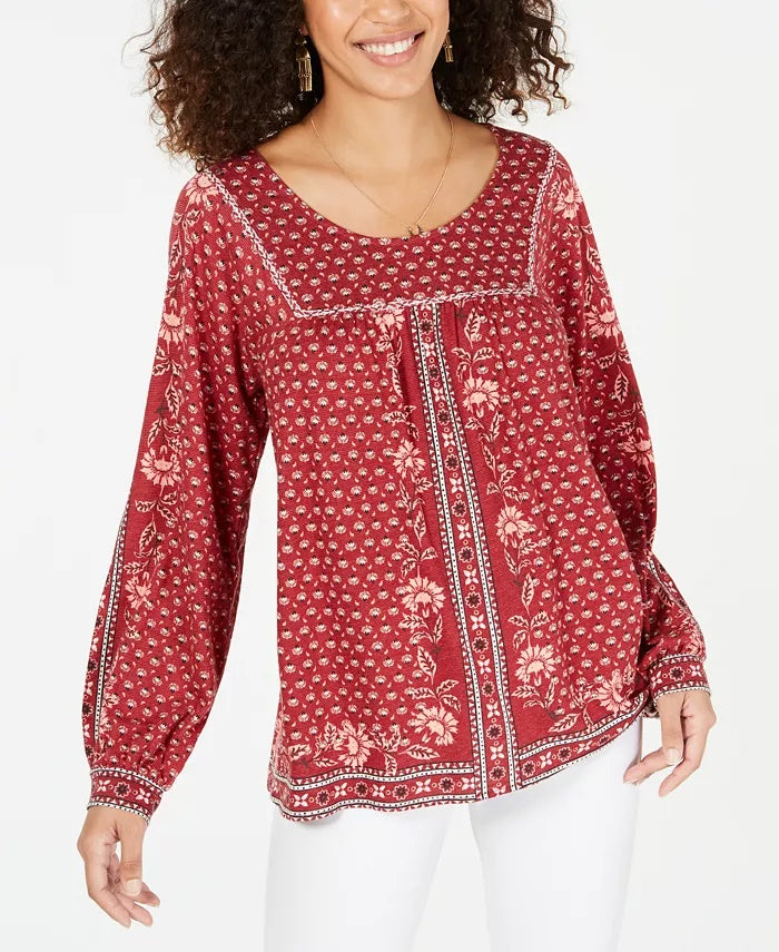 Style & Co Women's Relaxed Fit Floral Long Sleeve Scoop Neck Peasant Top Red Size X-Small
