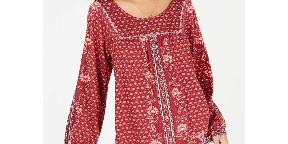 Style & Co Women's Relaxed Fit Floral Long Sleeve Scoop Neck Peasant Top Red Size X-Small