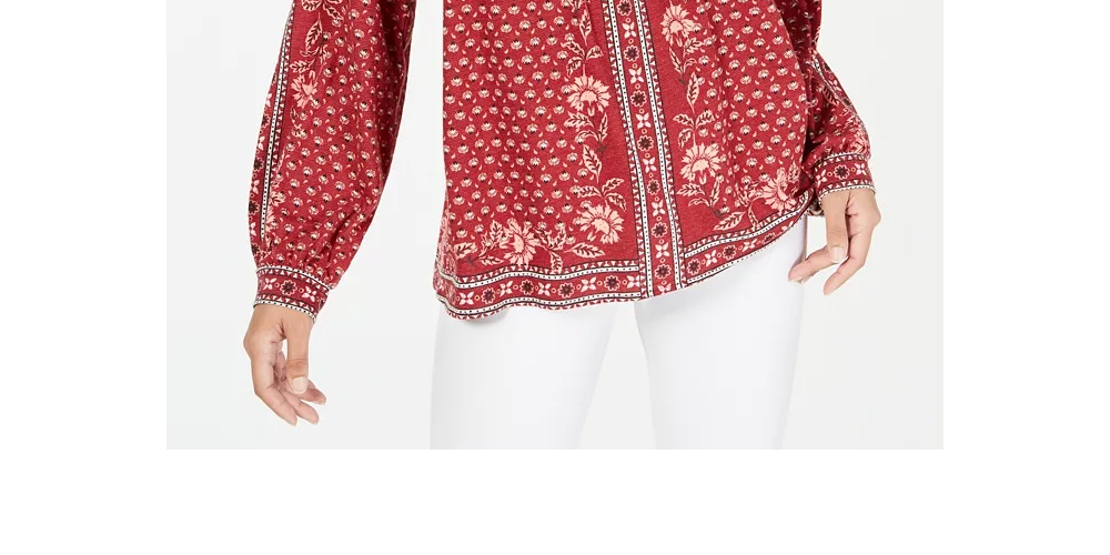 Style & Co Women's Relaxed Fit Floral Long Sleeve Scoop Neck Peasant Top Red Size X-Small
