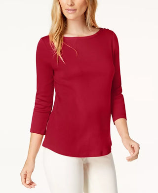 Charter Club Women's Pima Cotton Boat-Neck Button-Shoulder Top Red Size X-Small