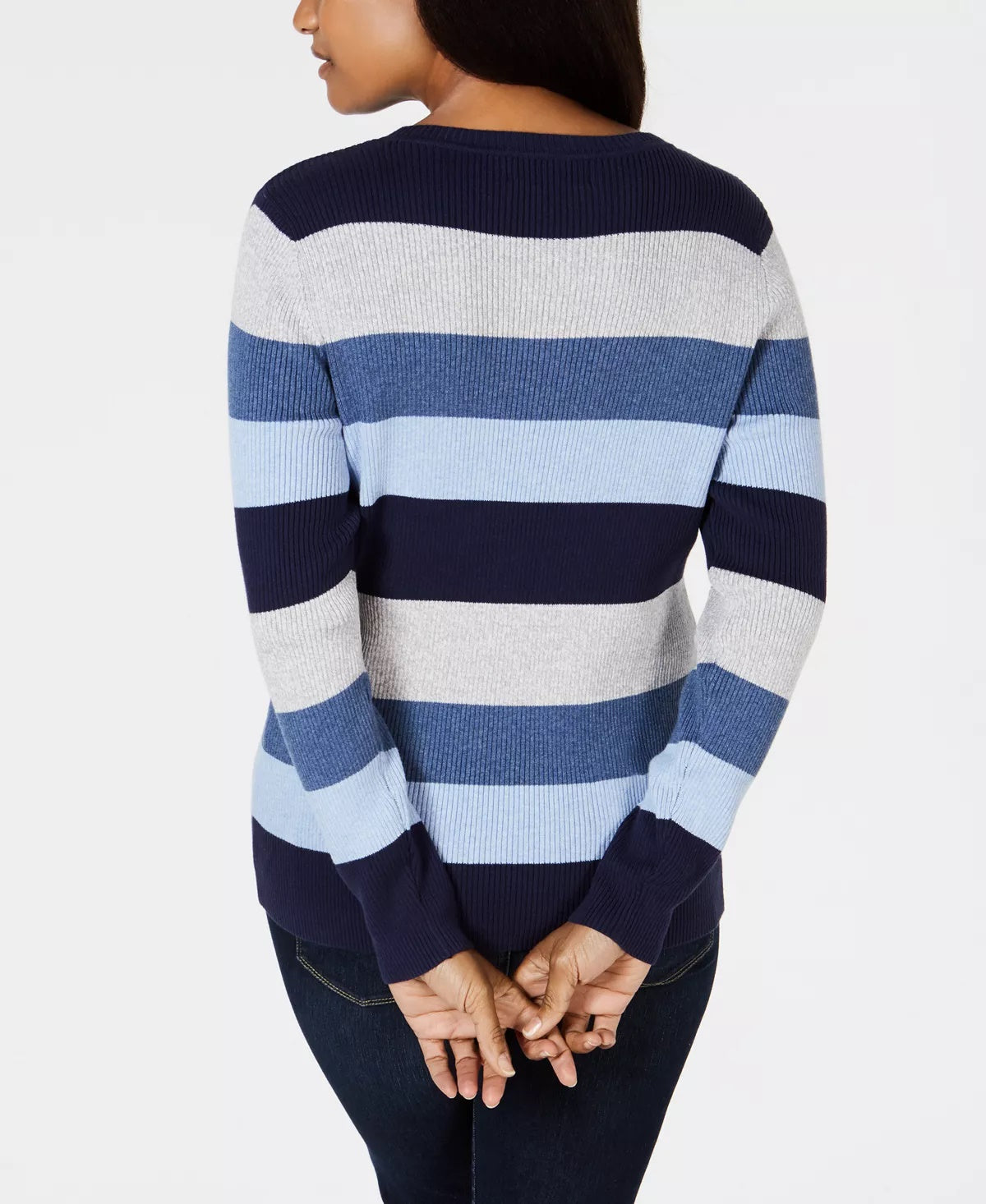 Karen Scott Women's Petite Striped Ribbed-Knit Cotton Sweater White Multi Size P/S