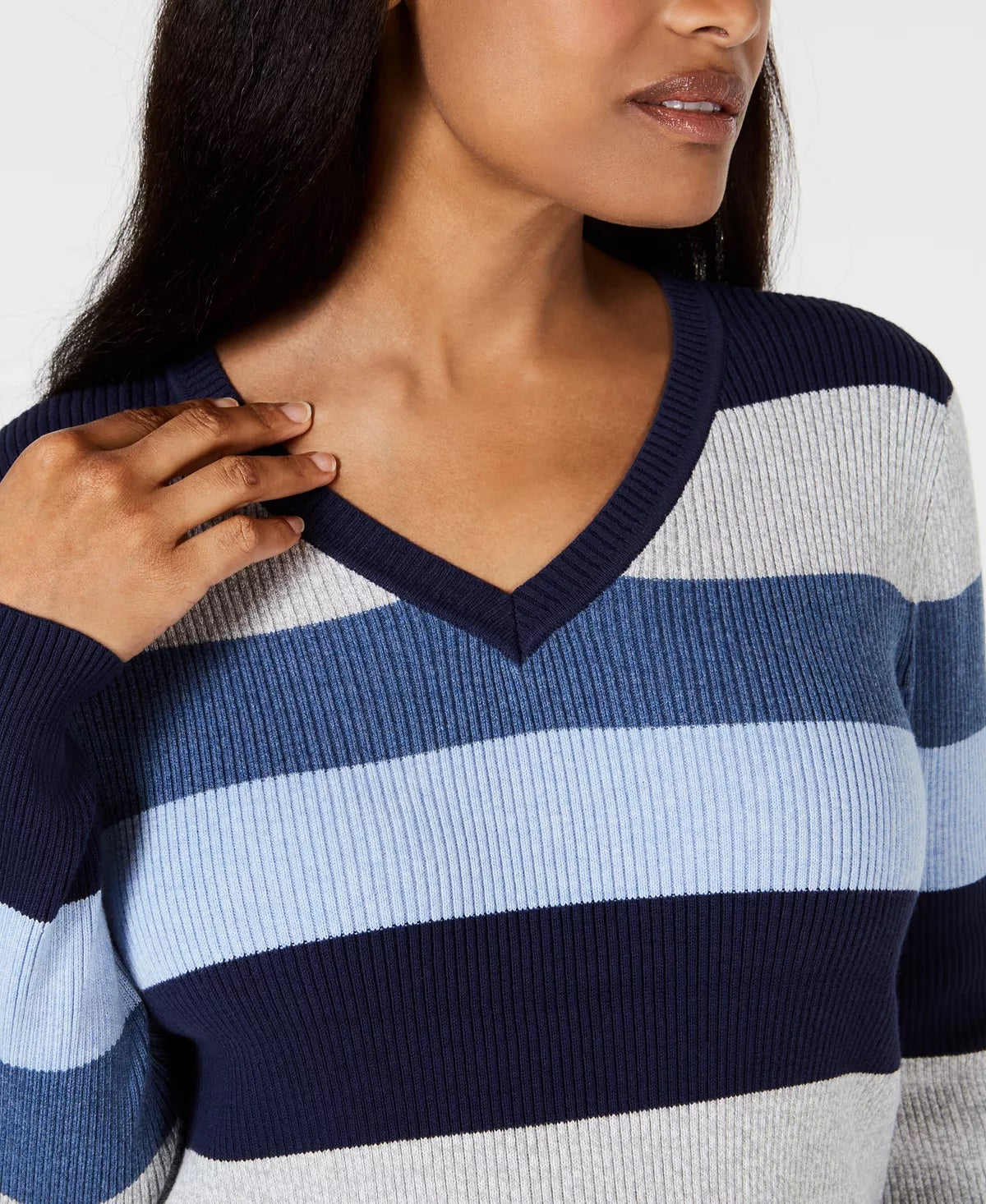 Karen Scott Women's Petite Striped Ribbed-Knit Cotton Sweater White Multi Size P/S