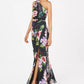 Adrianna Papell Women's Petite Floral-Print One-Shoulder Gown Black Size 8 Petite