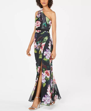 Adrianna Papell Women's Petite Floral-Print One-Shoulder Gown Black Size 8 Petite