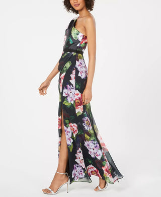 Adrianna Papell Women's Petite Floral-Print One-Shoulder Gown Black Size 8 Petite
