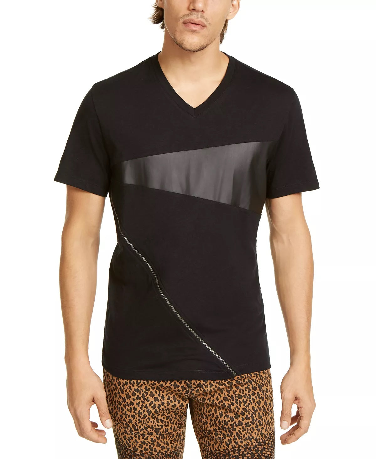 INC International Concepts Men's T-Shirts Zipped Front Faux Leather V Neck Black Size 48