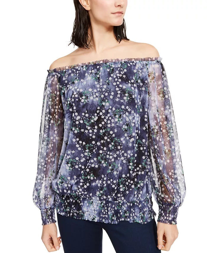 INC International Concepts Women's Off-The-Shoulder Smocked Top Blue Size Small