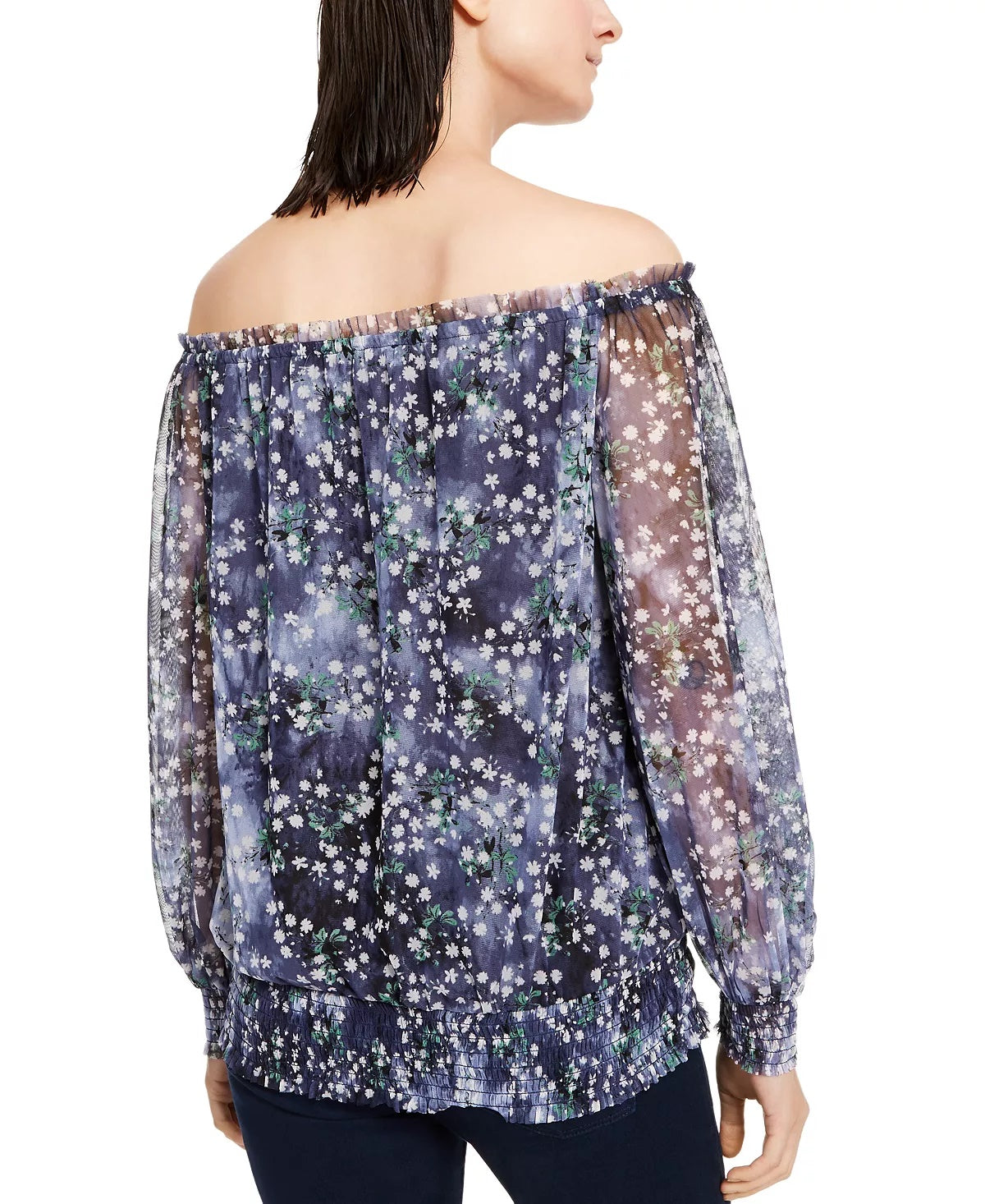 INC International Concepts Women's Off-The-Shoulder Smocked Top Blue Size Small