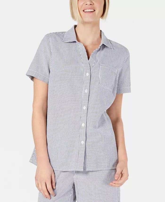 Karen Scott Women's Cotton Seersucker Shirt Blue Size Medium