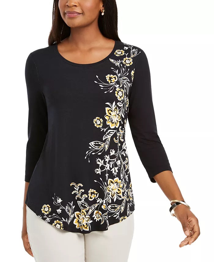 JM Collection Women's Floral Scoop-Neck Top Gold Size X-Small