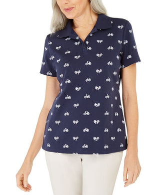 Karen Scott Women's Bike Print Polo Shirt Blue Size X-Large