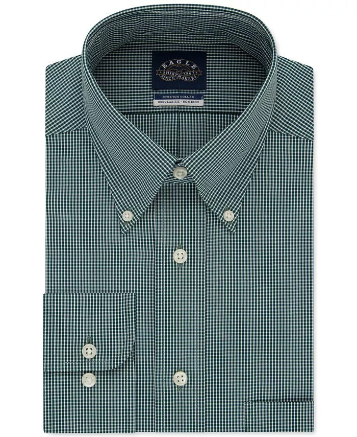 Eagle Men's Classic/Regular-Fit Non-Iron Flex Collar Check Dress Shirt Green Size 15X32-33