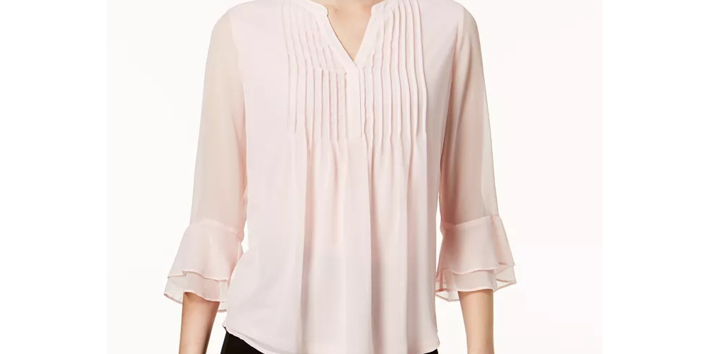 Charter Club Women's Petite Double Ruffle Solid Pintuck Top Pink Size Petite XL