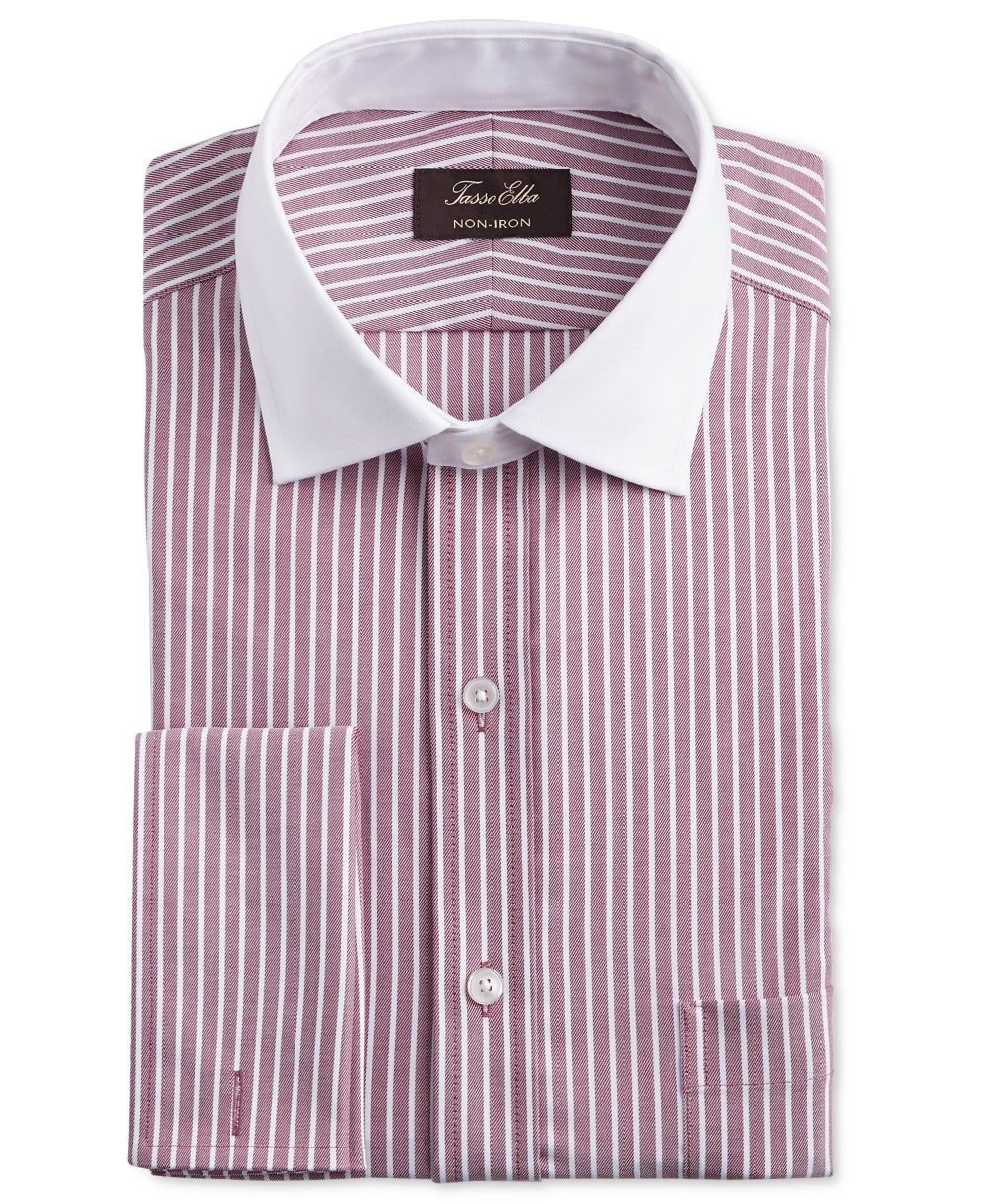 Tasso Elba Men's Burgundy Striped Collared Classic Fit Non Iron Dress Shirt Red Size 17- 32/33