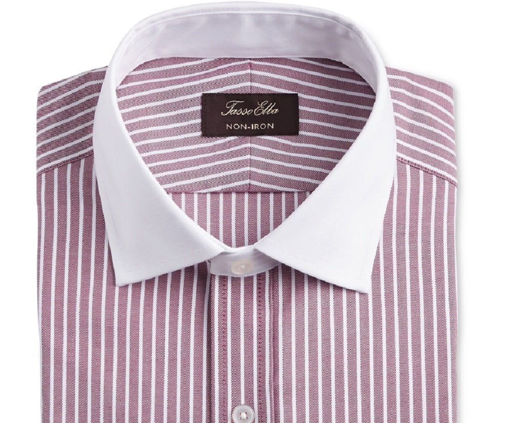 Tasso Elba Men's Burgundy Striped Collared Classic Fit Non Iron Dress Shirt Red Size 17- 32/33