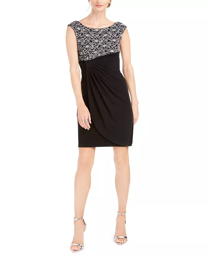 Connected Women's Ruched Sleeveless Jewel Neck Short Sheath Cocktail Dress Black Size 6 Petite