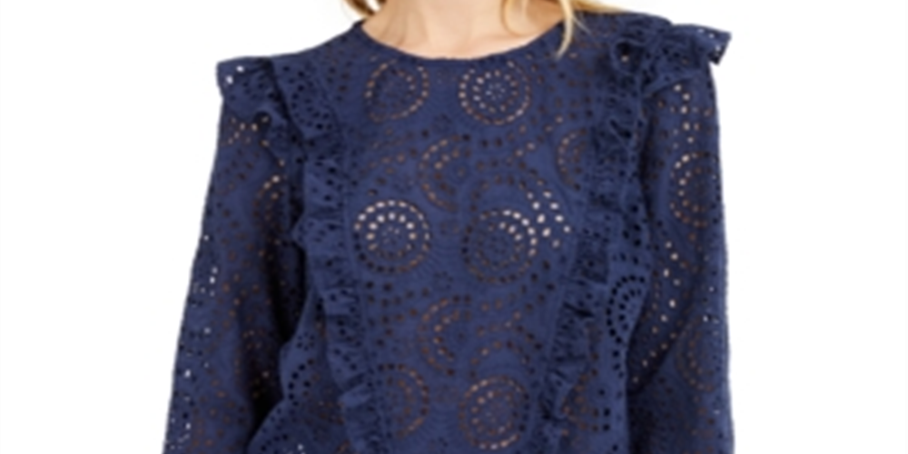 INC International Concepts Women's Ruffled Eyelet Top Blue Size Medium