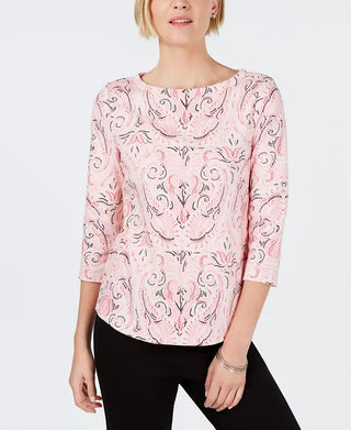 Charter Club Women's Pima Cotton Button Shoulder Printed Top  Pink Size S
