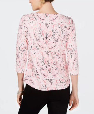 Charter Club Women's Pima Cotton Button Shoulder Printed Top  Pink Size S