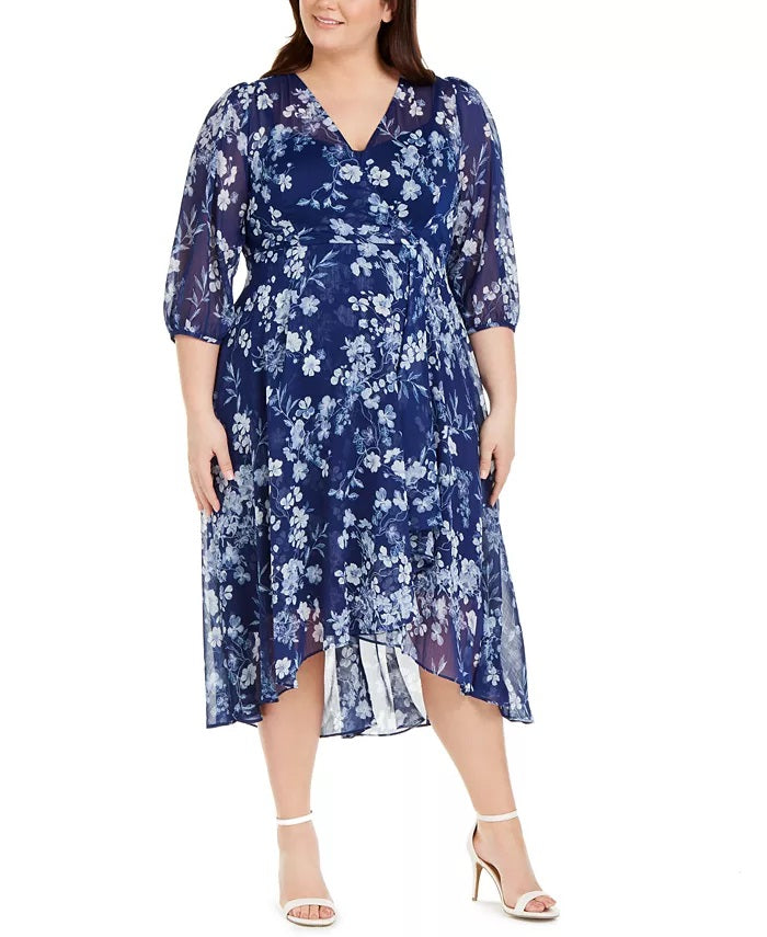 Calvin Klein Women's Floral High Low Dress Blue Size Petite Small