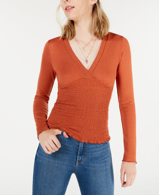 Freshman Junior's Hacci Knit Smocked Pullover Sweater Orange Size Small
