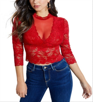 Guess Women Renny Lace Crop Top Red Size L