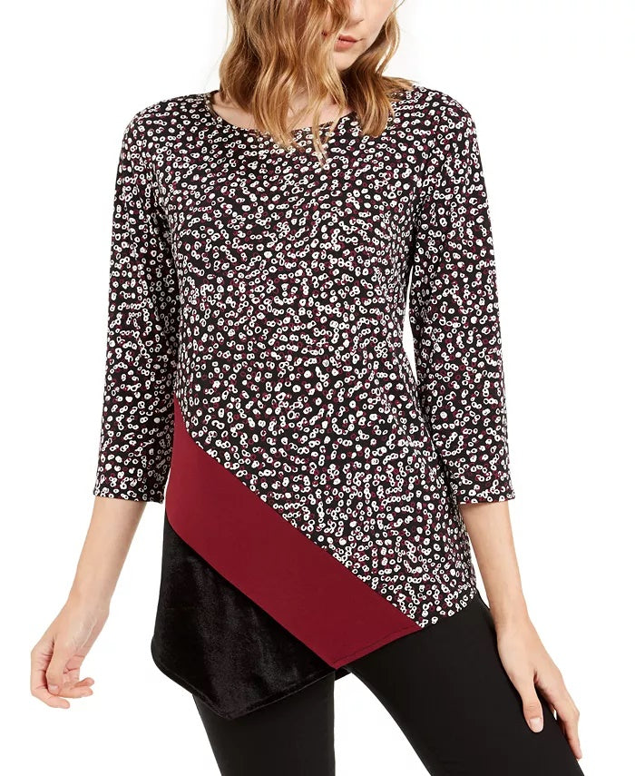 Alfani Women's Printed & Velvet Asymmetrical Top  Black Size Medium