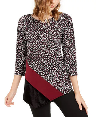 Alfani Women's Printed & Velvet Asymmetrical Top  Black Size Medium