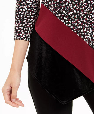 Alfani Women's Printed & Velvet Asymmetrical Top  Black Size Medium