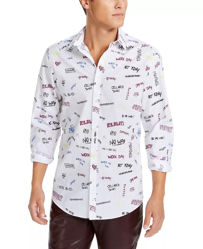 INC International Concepts Men's Printed Long Sleeve Classic Fit Button Down Casual Shirt White Size XX-Large