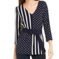Alfani Women's Mixed Print Belted Top  Navy Size Petite Small