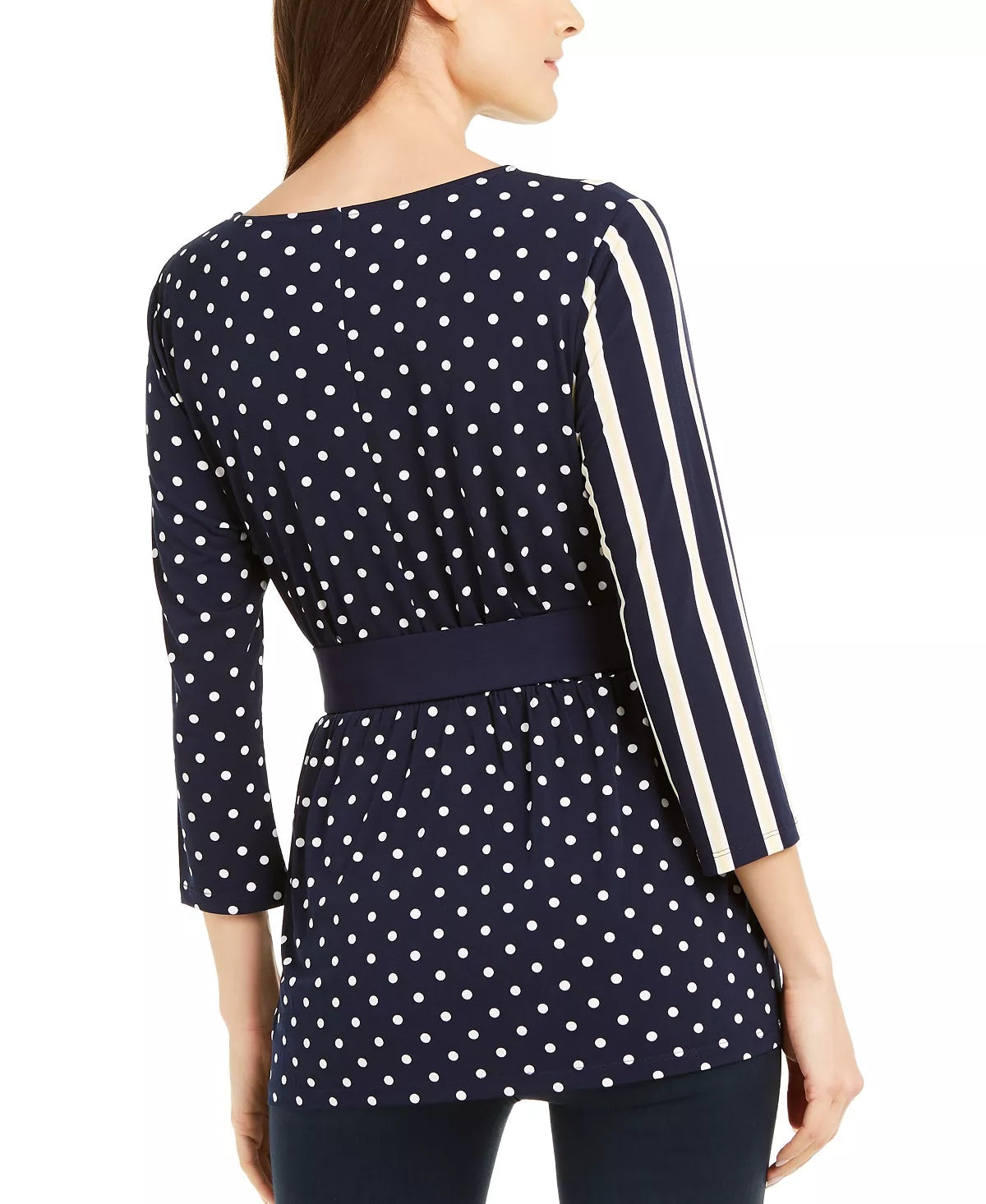 Alfani Women's Mixed Print Belted Top  Navy Size Petite Small