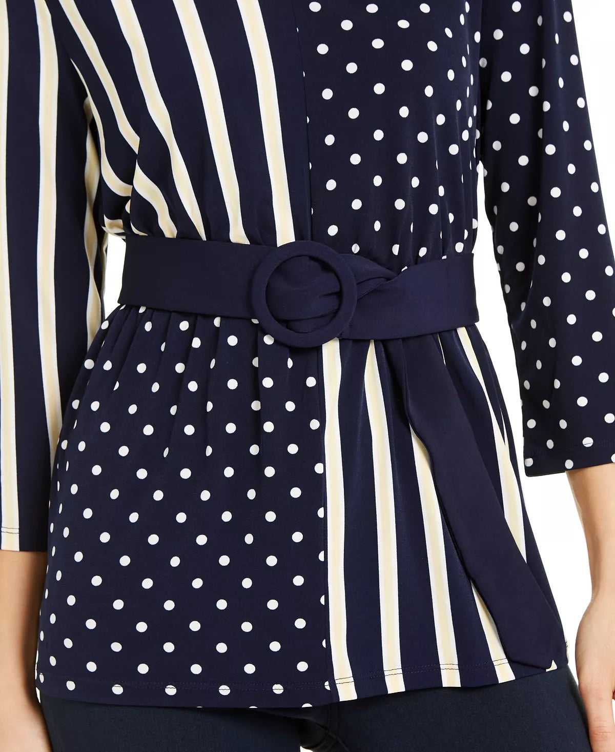 Alfani Women's Mixed Print Belted Top  Navy Size Petite Small