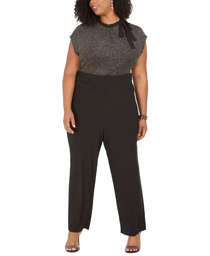Love Squared Women's Plus Embellished Tie Neck Jumpsuit Black Size 1X