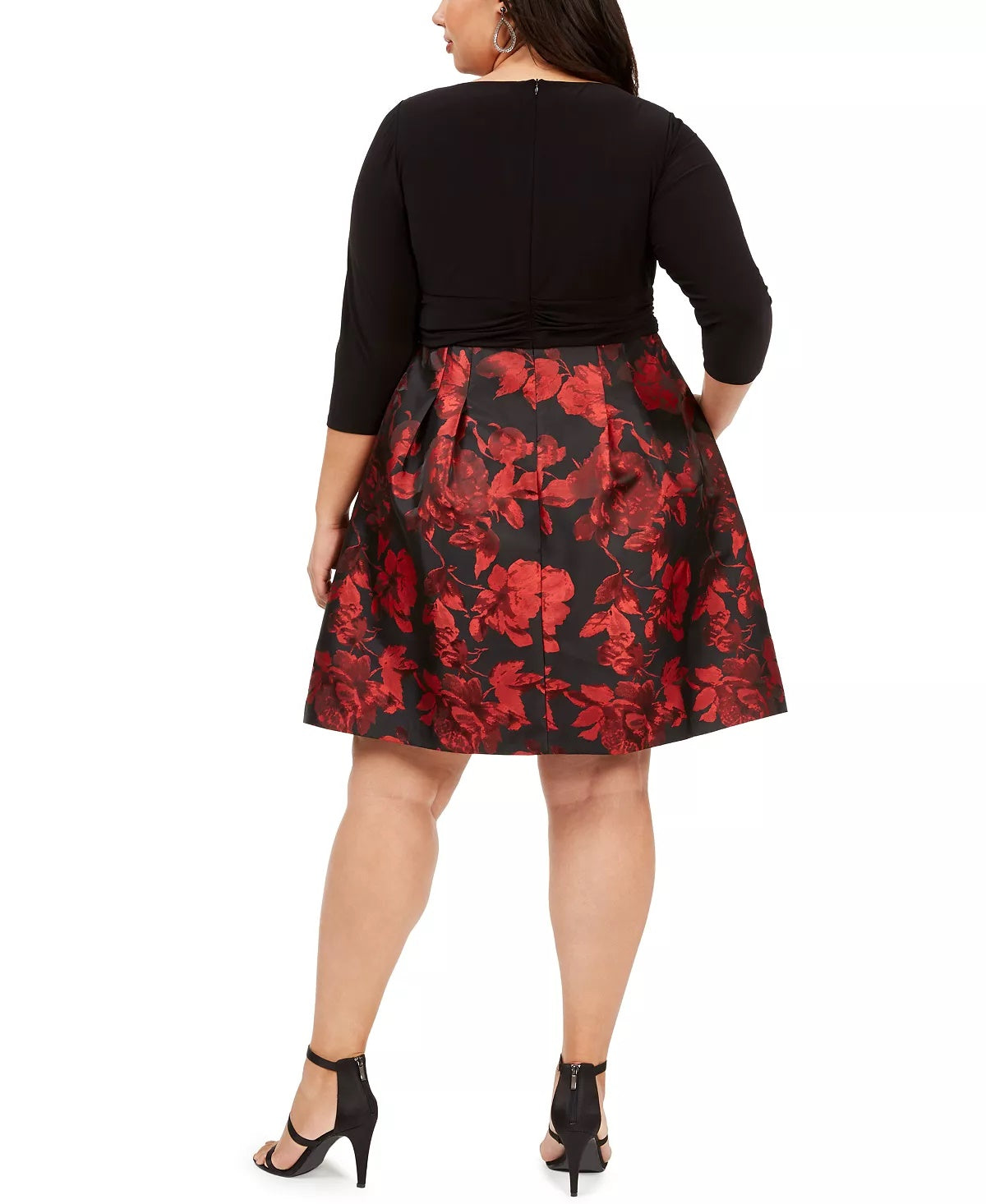 Jessica Howard Women's Zippered Floral 3/4 Sleeve Jewel Neck Above The Knee Fit Flare Party Dress Black Size 18W