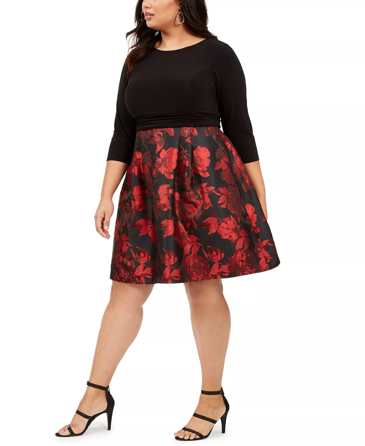 Jessica Howard Women's Zippered Floral 3/4 Sleeve Jewel Neck Above The Knee Fit Flare Party Dress Black Size 18W