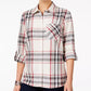 Style & Co Women's Cotton Tab Sleeve Plaid Shirt Beige & Red Size Petite L