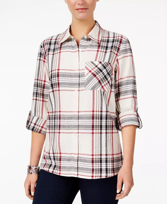 Style & Co Women's Cotton Tab Sleeve Plaid Shirt Beige & Red Size Petite L