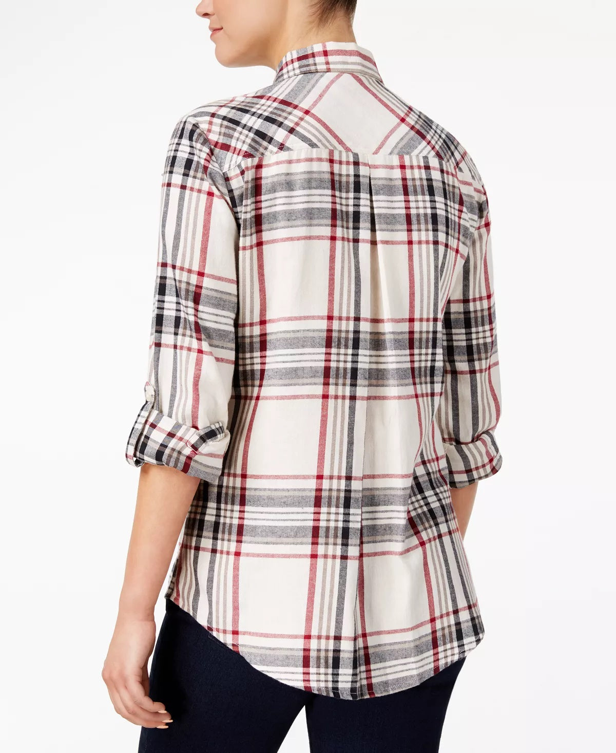 Style & Co Women's Cotton Tab Sleeve Plaid Shirt Beige & Red Size Petite L