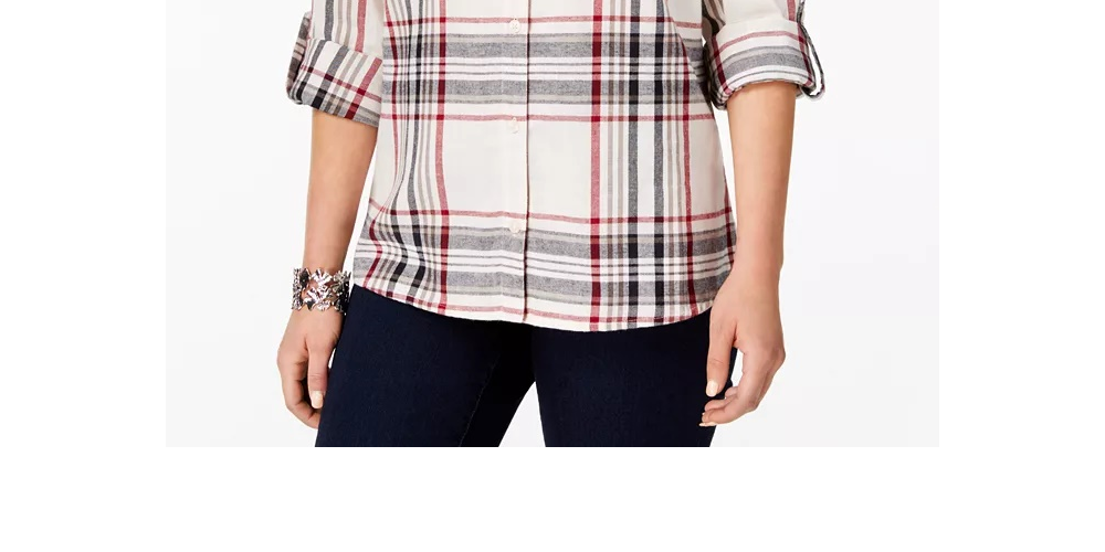 Style & Co Women's Cotton Tab Sleeve Plaid Shirt Beige & Red Size Petite L
