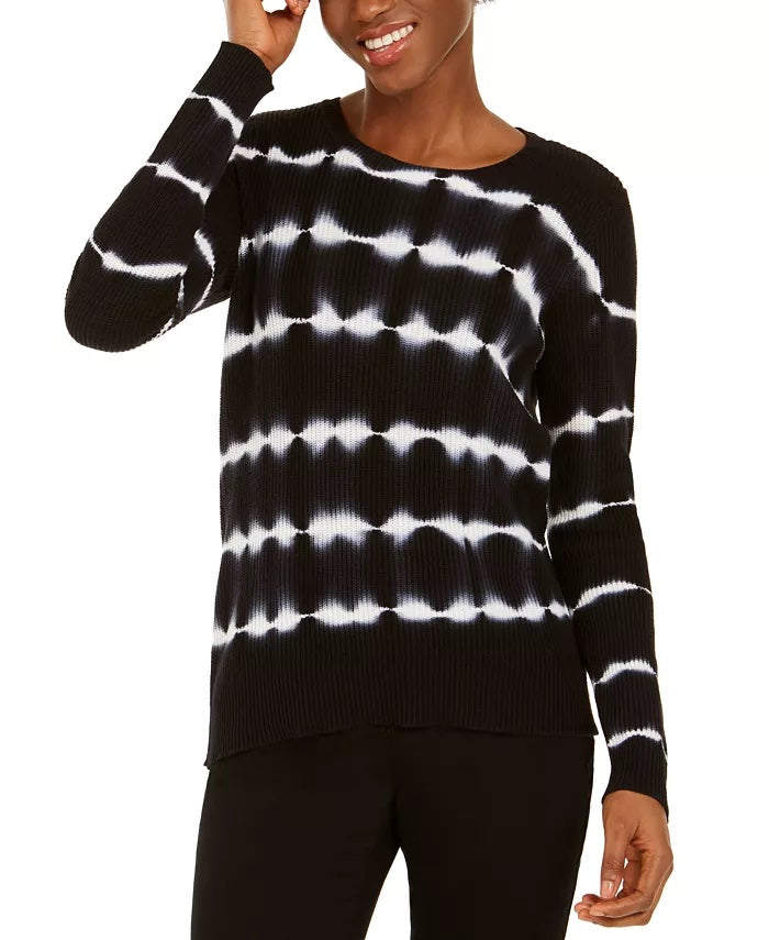 INC International Concepts Women's Cotton Tie Dyed Striped Sweater Black Size Petite XL