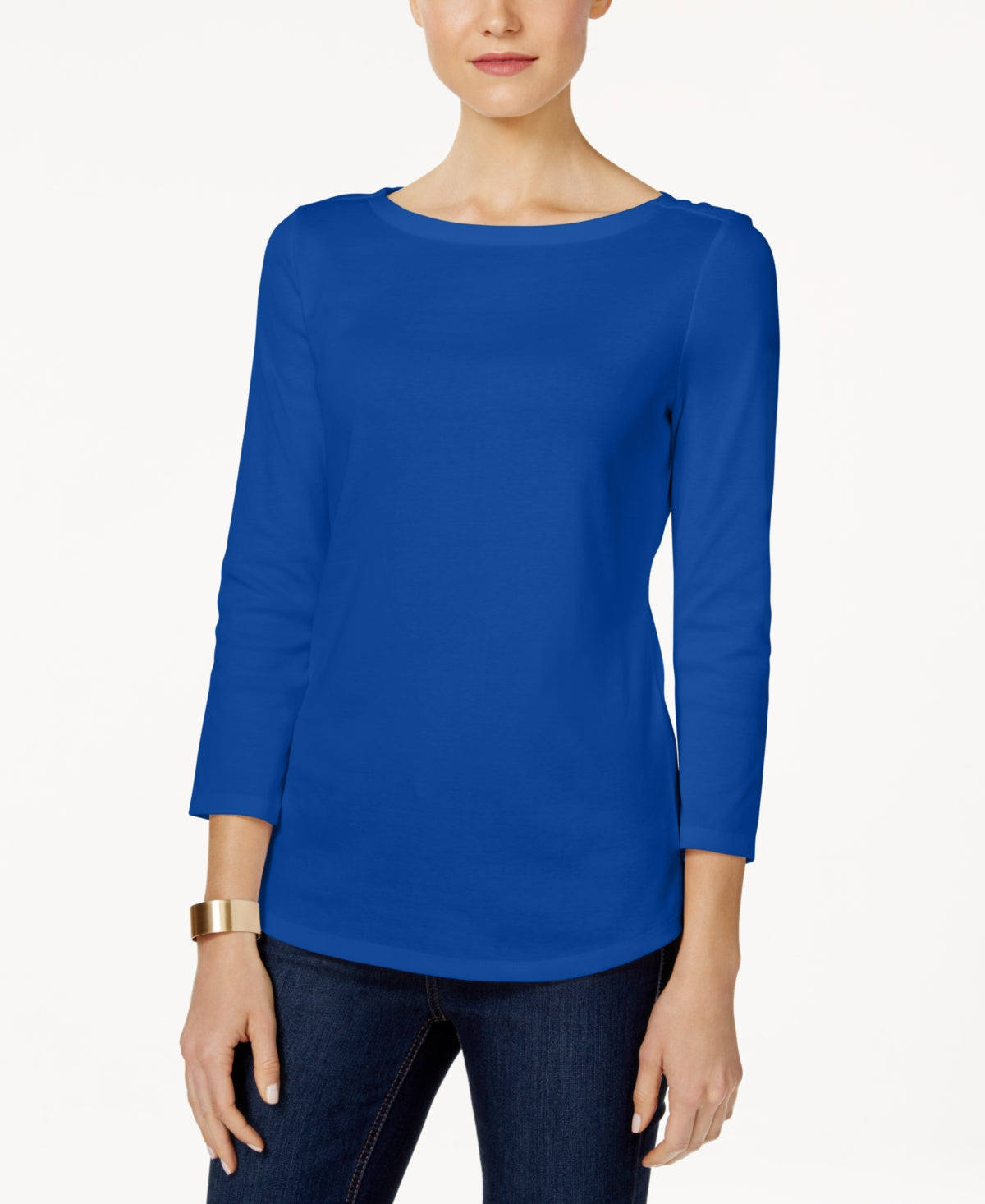 Charter Club Women's Pima Cotton Boat-Neck Button-Shoulder Top Blue Size X-Large