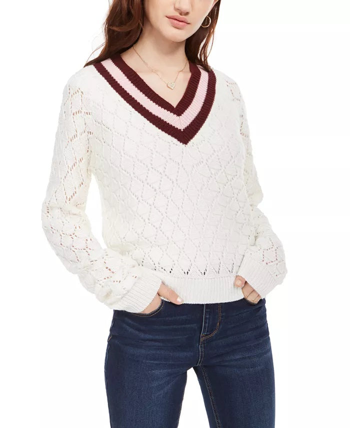 Planet Gold Juniors' Pointelle Sweater White Size Large