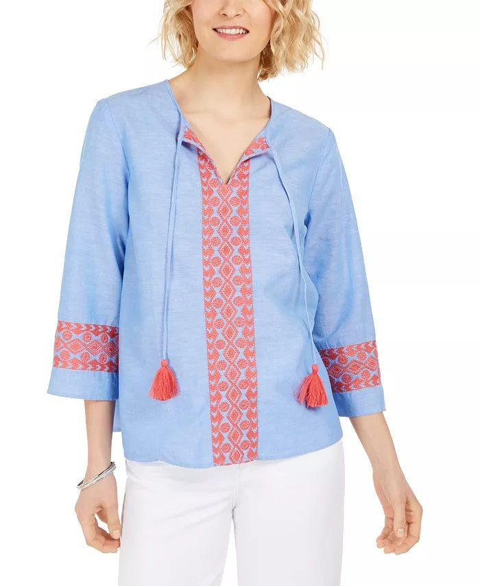 Charter Club Women's Embroidered Tasseled Blouse Blue Size XX-Large