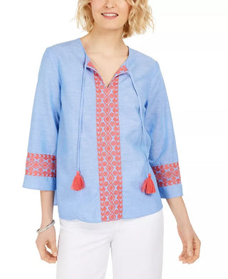 Charter Club Women's Embroidered Tasseled Blouse Blue Size XX-Large