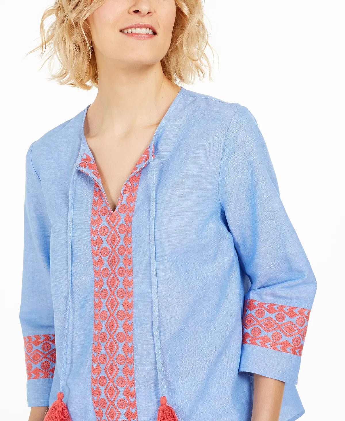 Charter Club Women's Embroidered Tasseled Blouse Blue Size XX-Large